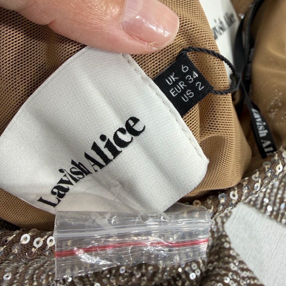 NWT Lavish Alice ALANNI Stretch Sequin Scarf evening gown Silver brown size 2 - Picture 14 of 16